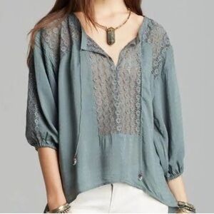 Free People Moon River Boho Lace Tie Front Top moss green Peasant Blouse Medium
